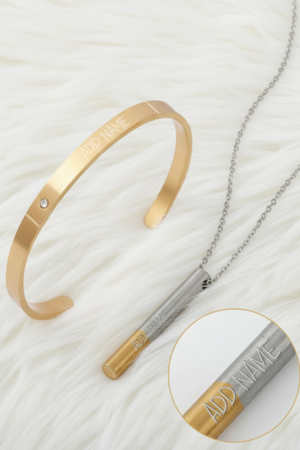 Shinning Grace - Personalized Two Tone Pendant Chain And Cuff Bracelet Set