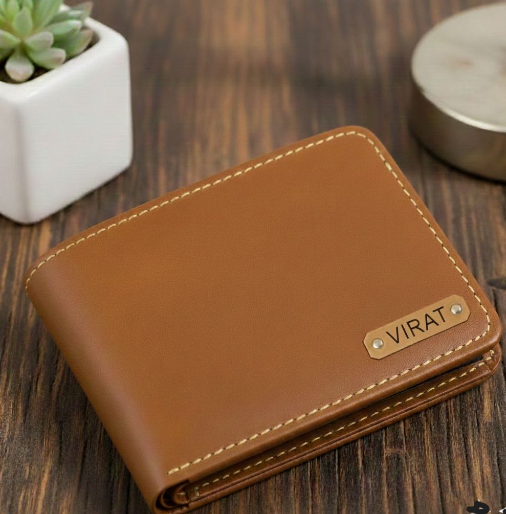 Personalized Black Leather Wallet for Men-TAN - Image 2