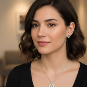 Elegant Silver & Black Heart Necklace and Stud Earrings