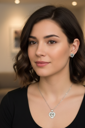 Elegant Silver & Black Heart Necklace and Stud Earrings