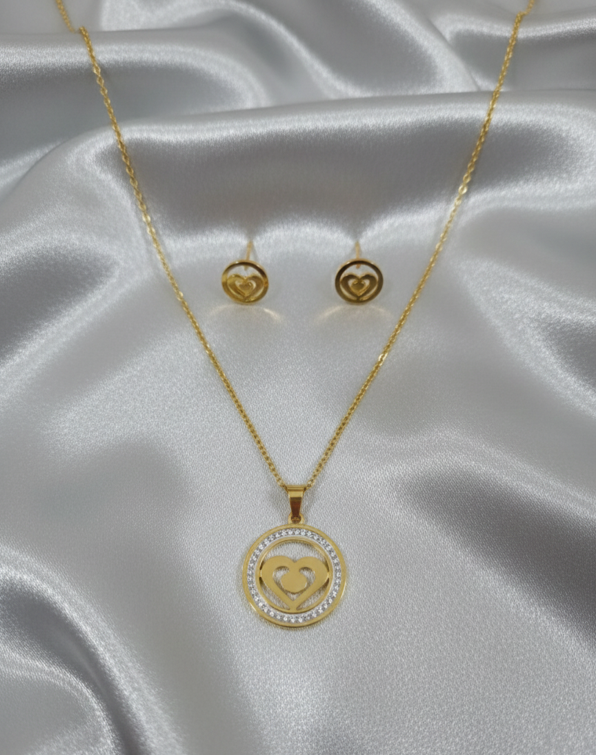 Golden Heart Circle Necklace and Stud Earring Set - Image 3