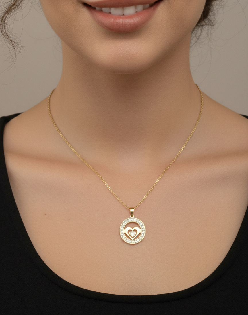 Golden Heart Circle Necklace and Stud Earring Set - Image 2