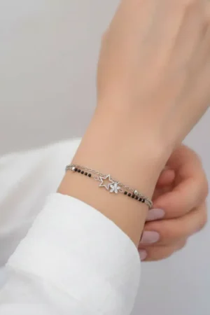 Black Beaded & Star Layered Silver-Tone Bracelet