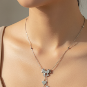 Silver Bow and Heart Charm Necklace