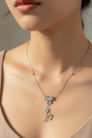 Silver Bow and Heart Charm Necklace