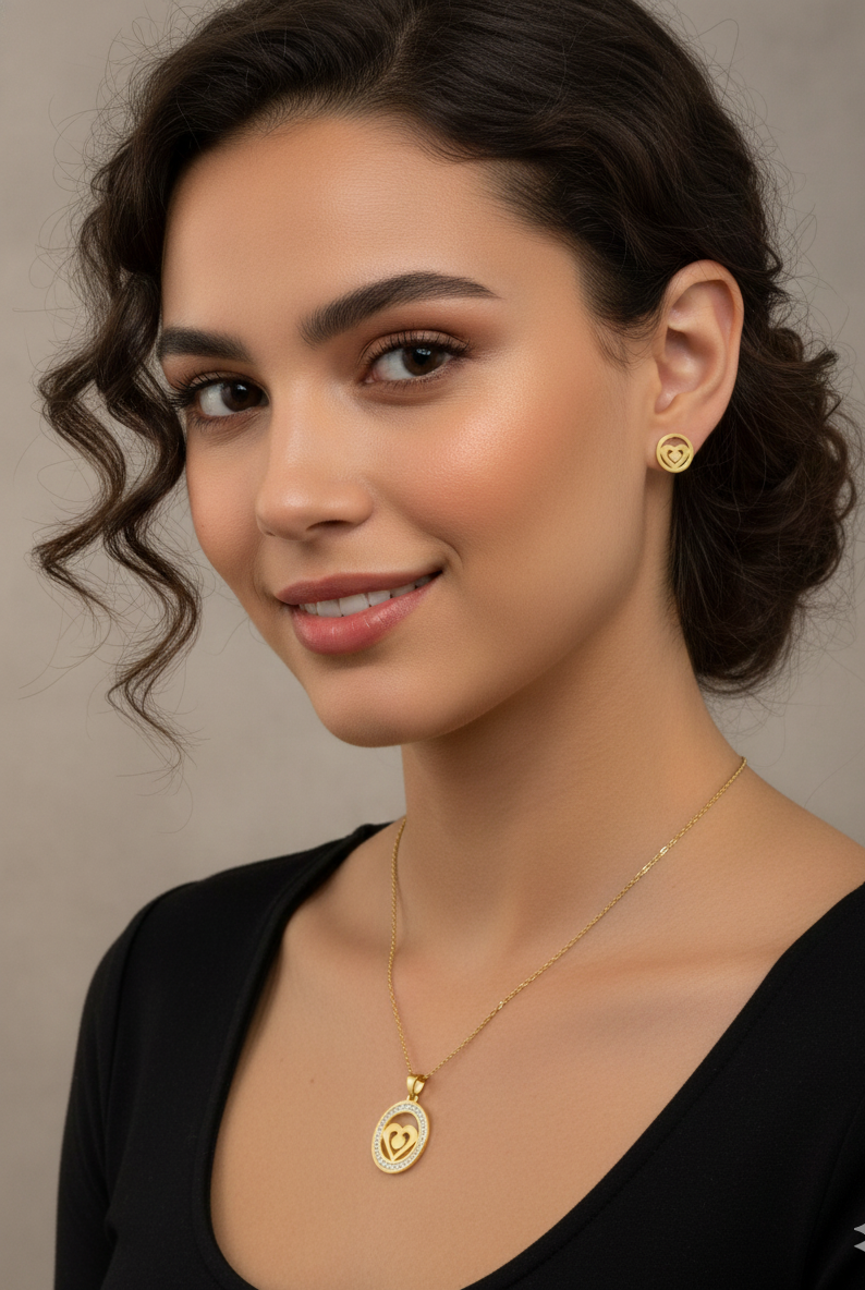 Golden Heart Circle Necklace and Stud Earring Set - Image 4