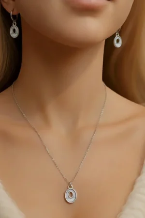 Modern Silver Oval Pendant Set