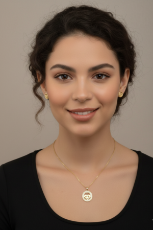 Golden Heart Circle Necklace and Stud Earring Set