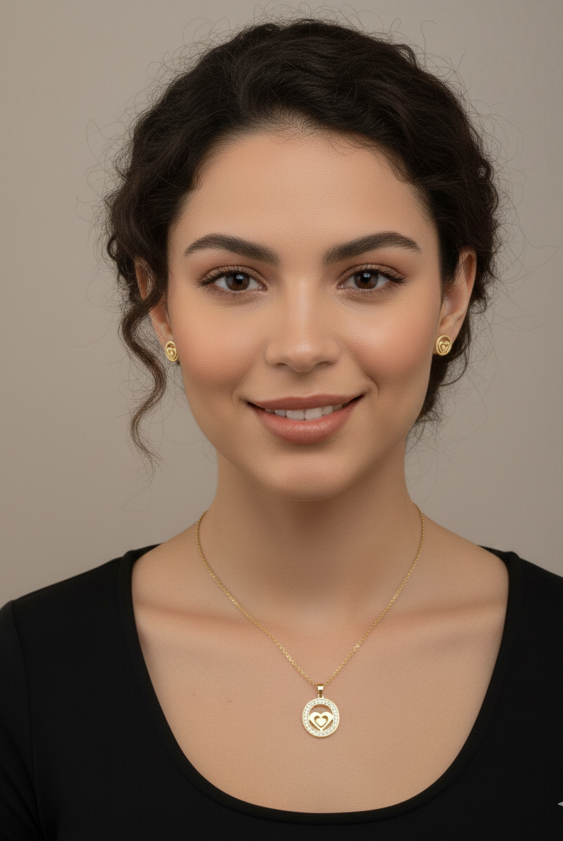 Golden Heart Circle Necklace and Stud Earring Set