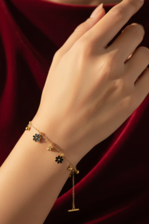 Elegant Black Flower Dangle Bracelet