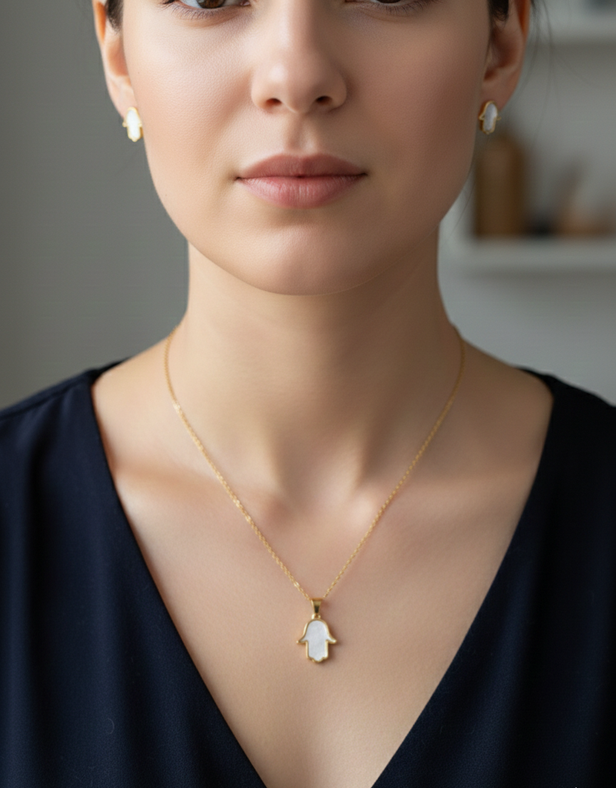 Gold-Tone Hamsa Charm Necklace & Earring Set - Image 3