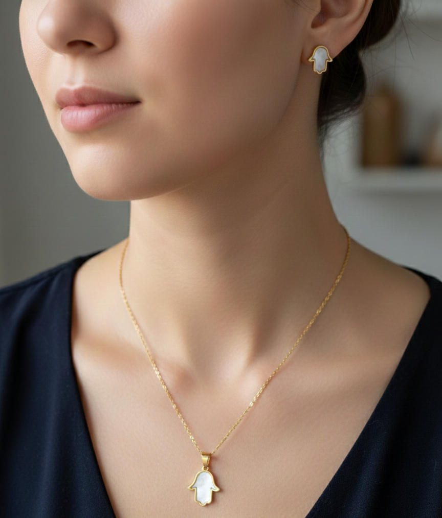 Gold-Tone Hamsa Charm Necklace & Earring Set