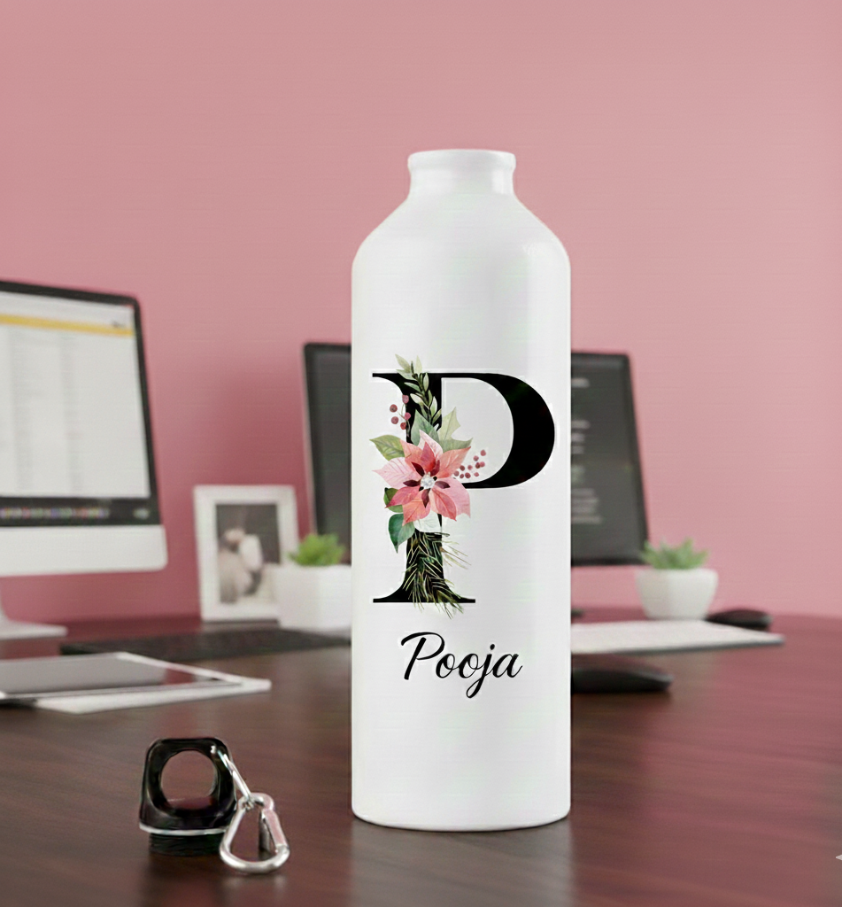 Personalized White Water Bottle - Floral Initial P - Image 2