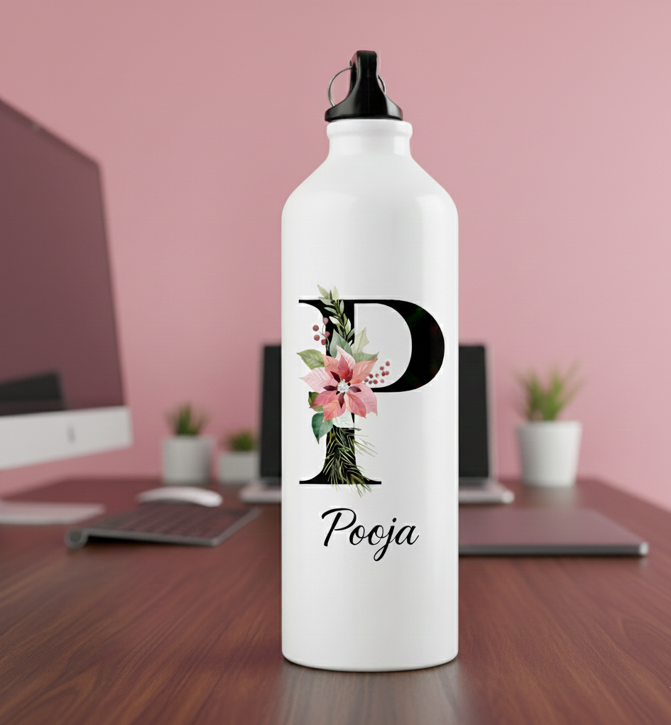 Personalized White Water Bottle - Floral Initial P - Image 3
