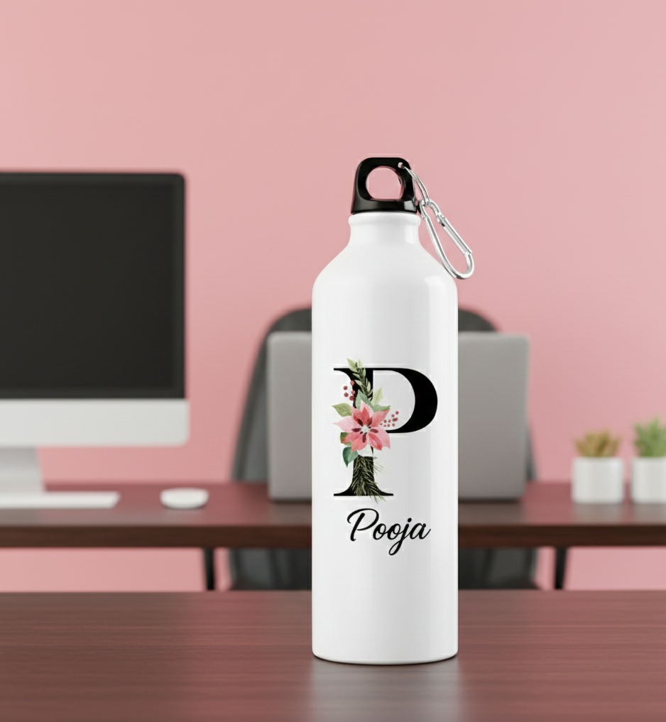 Personalized White Water Bottle - Floral Initial P - Image 4