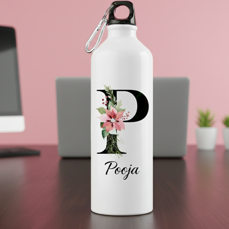 Personalized White Water Bottle - Floral Initial P