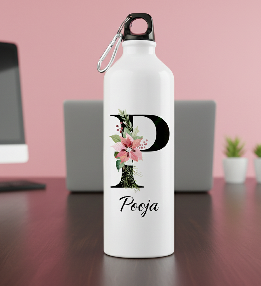 Personalized White Water Bottle - Floral Initial P